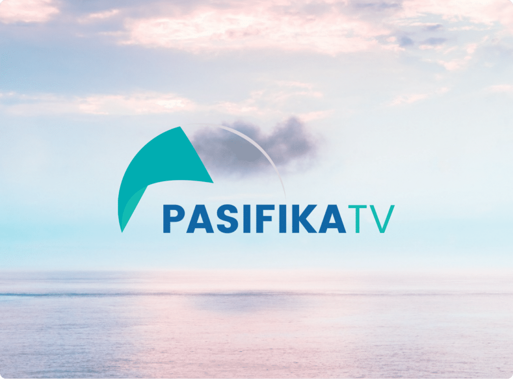 The horizon with calm water at sunset and the Pasifika TV logo over the top of the image in the center.