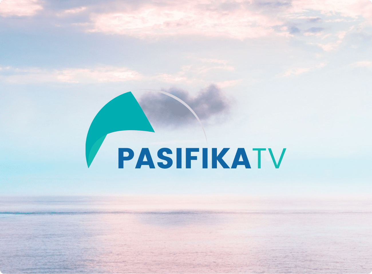 The horizon with calm water at sunset and the Pasifika TV logo over the top of the image in the center.